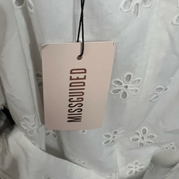 Missguided White Eyelet Mini Belted Dress with Edge Attached Shirt Sleeves - Picture 13 of 14